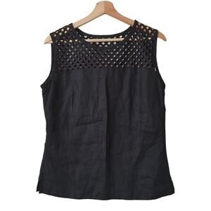 Salma By Rodo Womens Cut Out Sleeveless Black Top Size Medium Linen Blouse